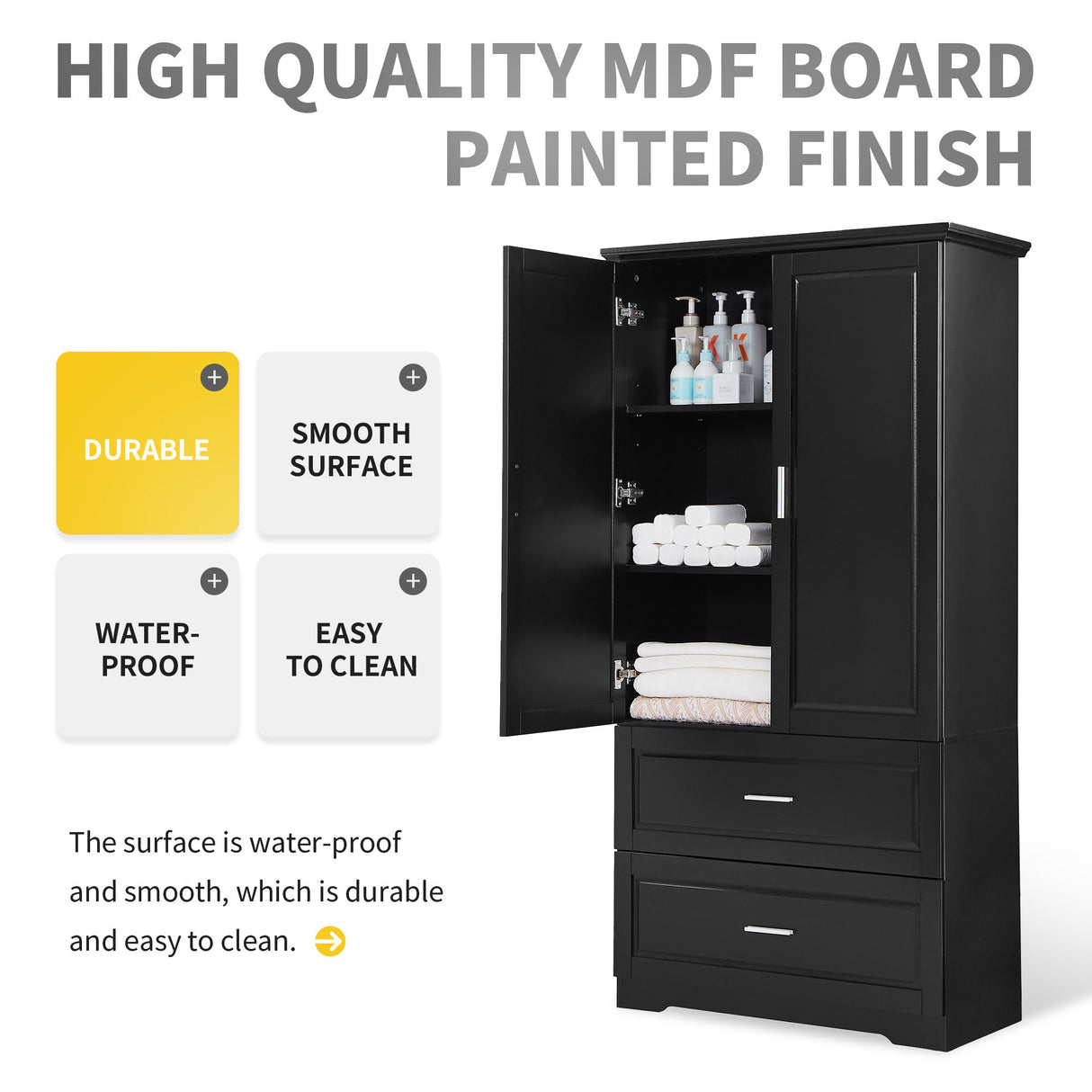 Tall Bathroom Storage Cabinet, Cabinet with Two Doors and Drawers, Adjustable Shelf, MDF Board, Black - V.I.P Digital Presence