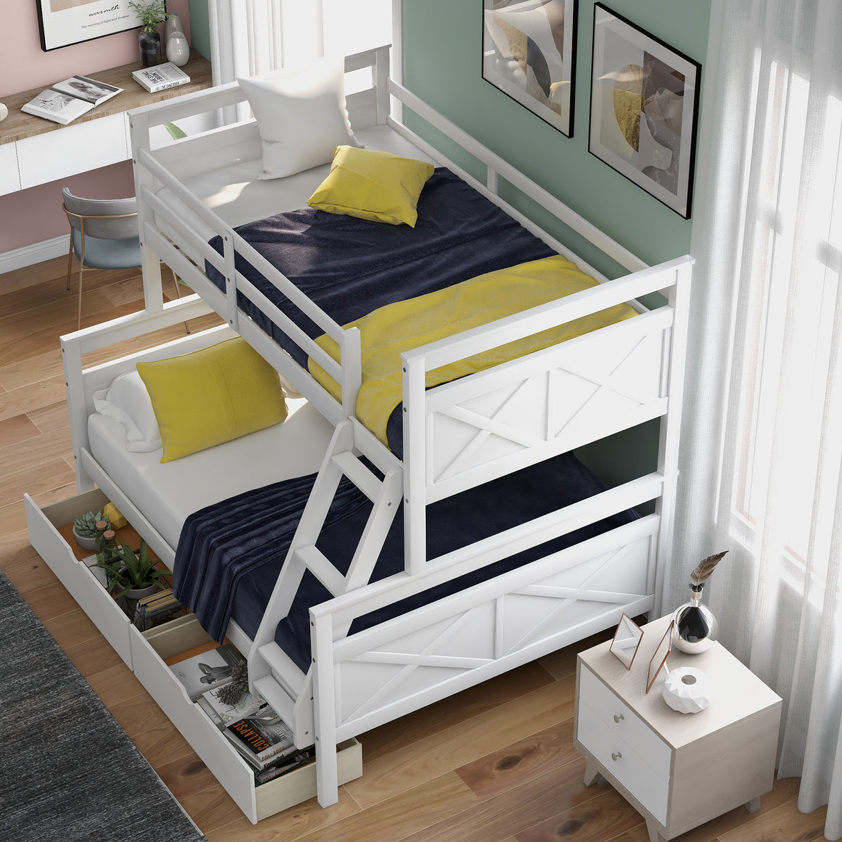 Twin over Full Bunk Bed with Ladder, Two Storage Drawers, Safety Guardrail White