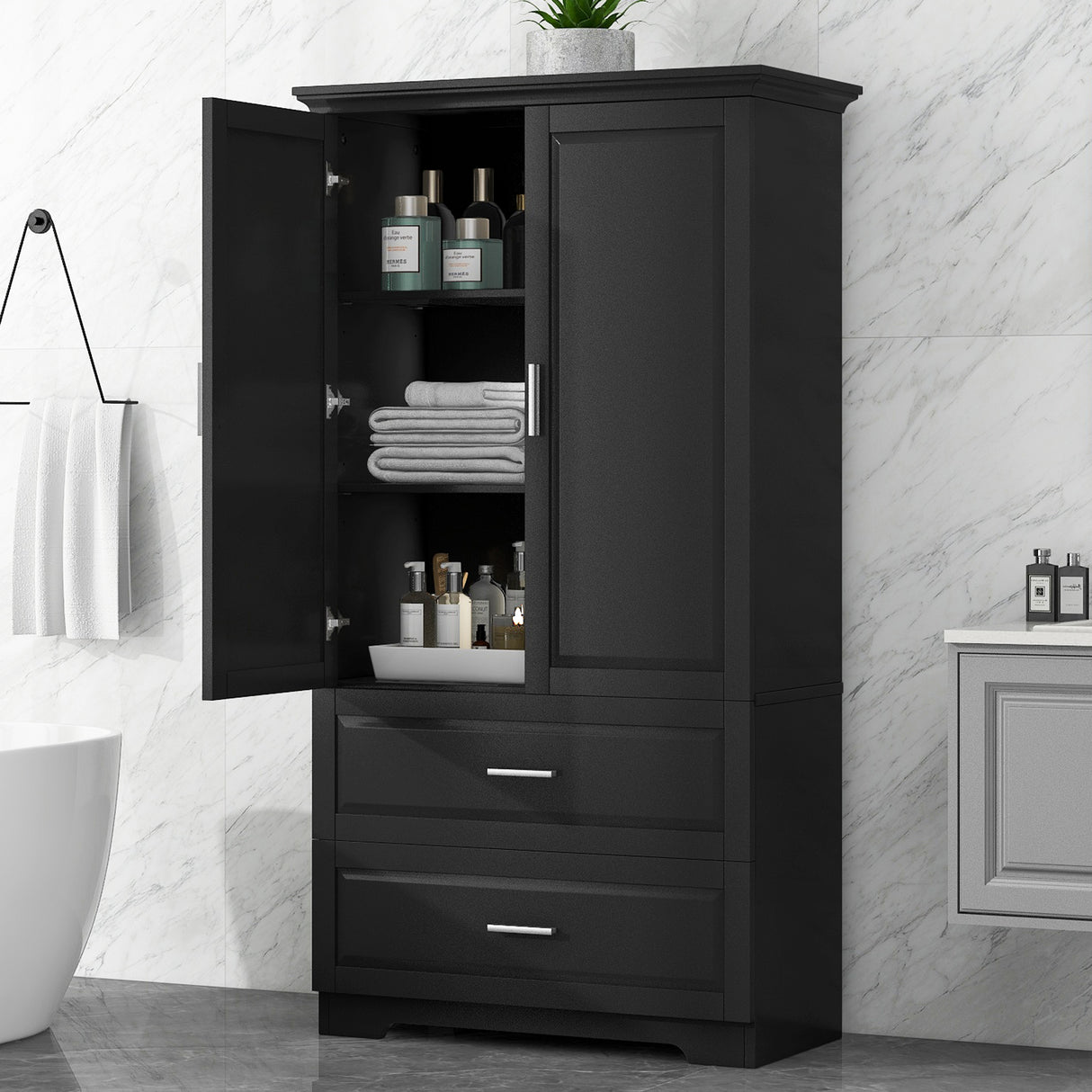 Tall Bathroom Storage Cabinet, Cabinet with Two Doors and Drawers, Adjustable Shelf, MDF Board, Black - V.I.P Digital Presence