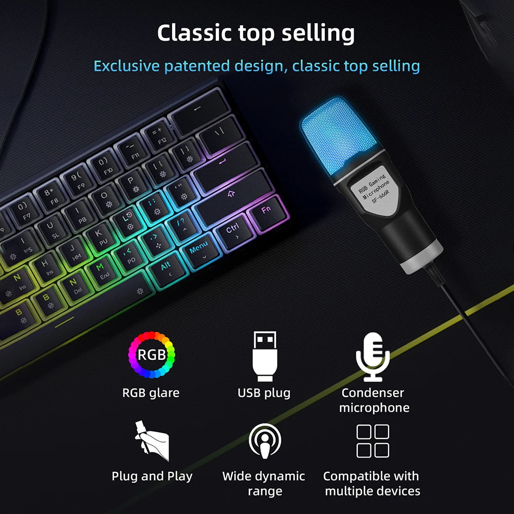 SF-666R condenser microphone RGB seven color luminous microphone with shock mount USB computer game - V.I.P Digital Presence