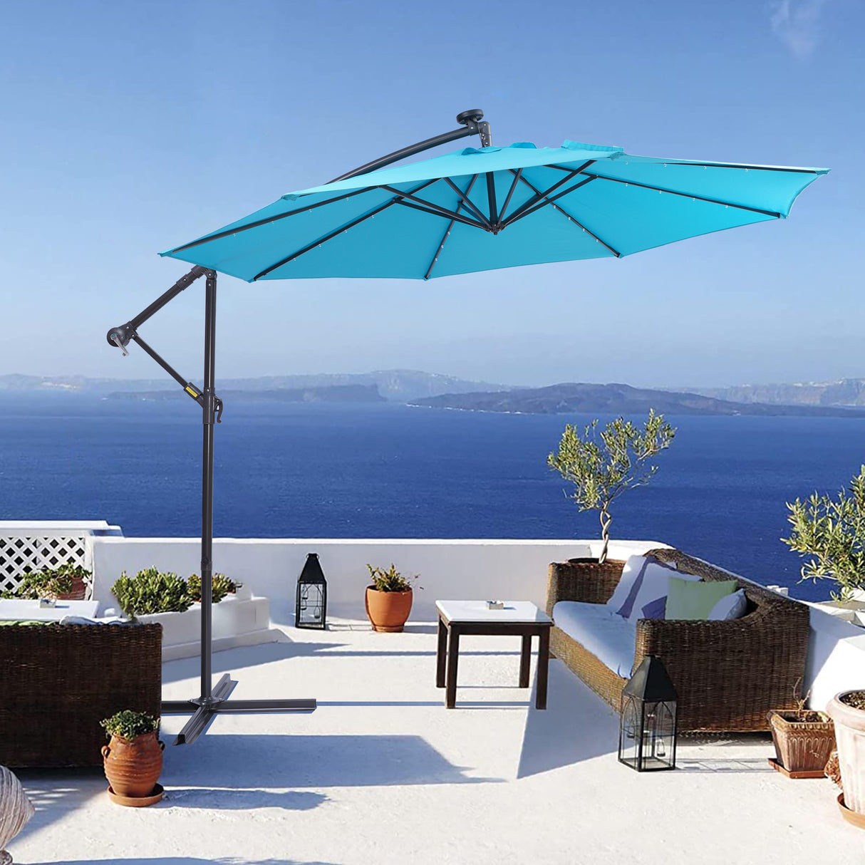 10 FT Solar LED Patio Outdoor Umbrella Hanging Cantilever Umbrella Offset Umbrella Easy Open Adustment with 32 LED Lights - V.I.P Digital Presence