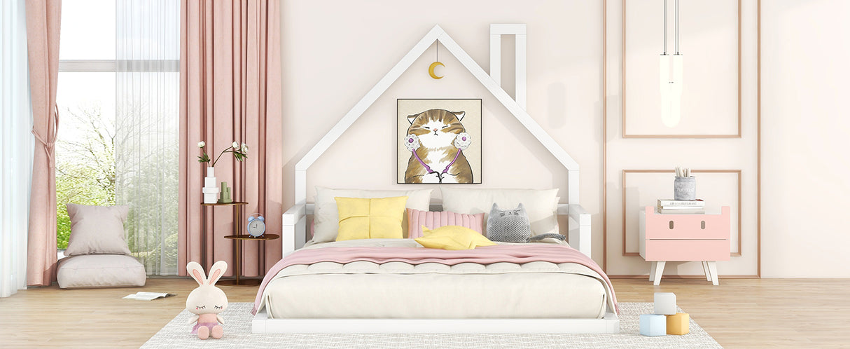 Full Size Wood Floor Bed with House-shaped Headboard White