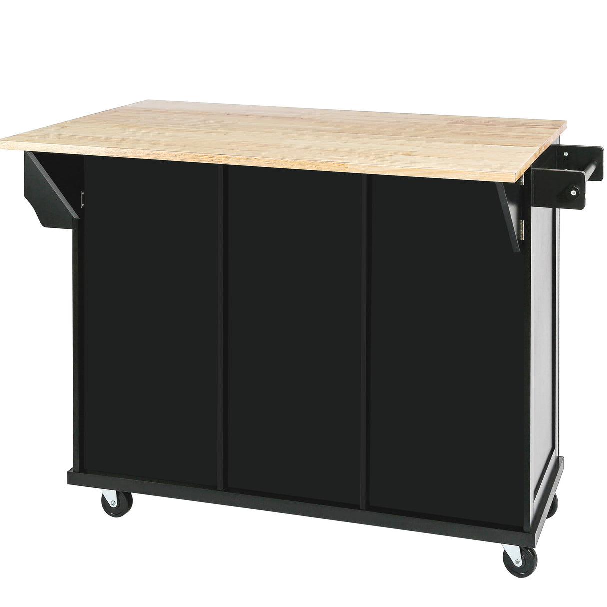 Kitchen trolley with rubber wood leaf countertop, 5-wheel kitchen island, storage cabinet and 3 dining drawers, black - V.I.P Digital Presence