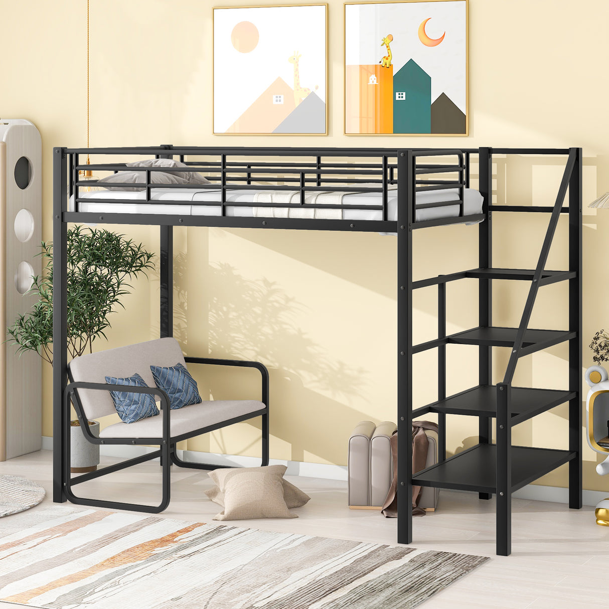 Twin Size Metal Loft Bed with Bench and Storage Staircase Black