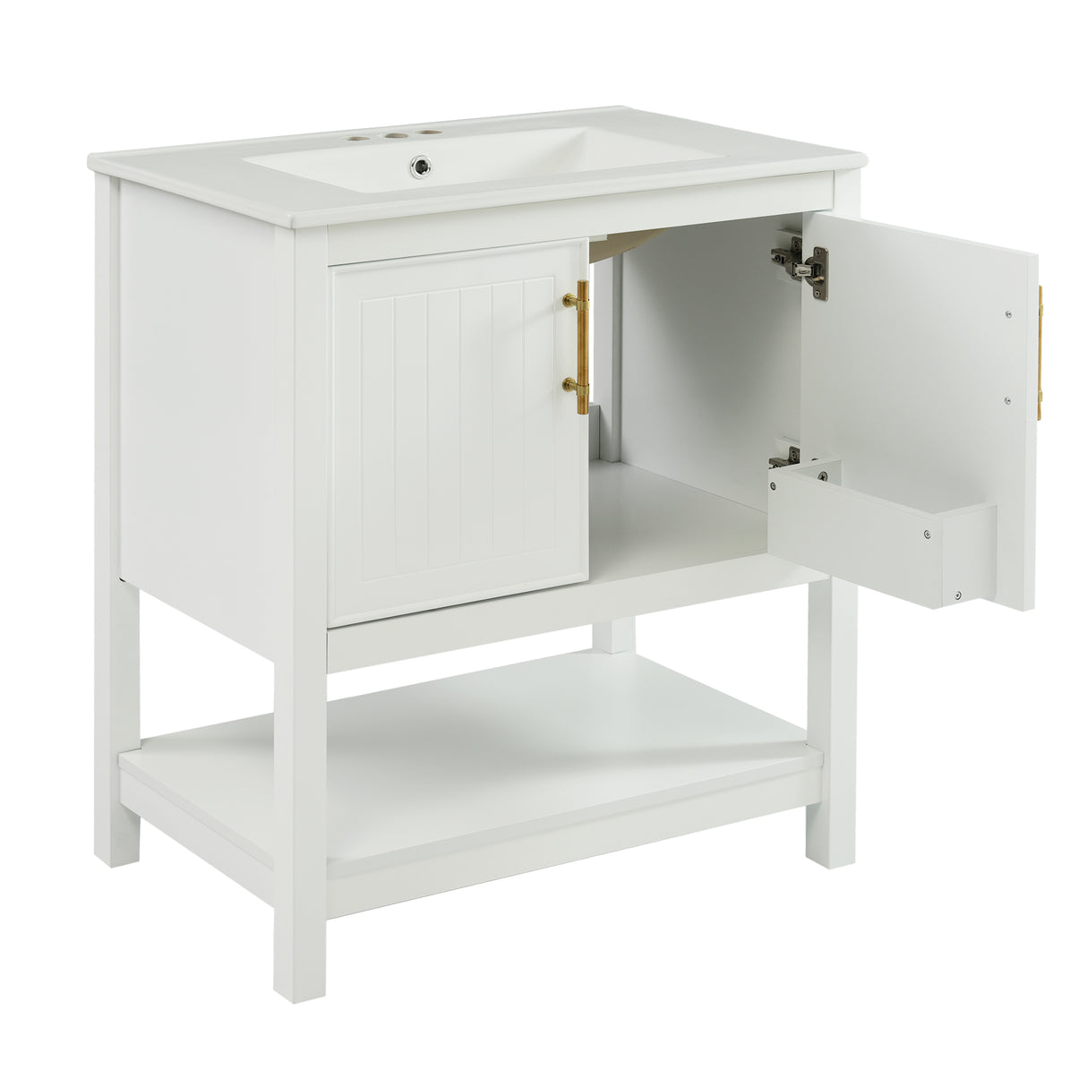 30-Inch White Bathroom Vanity with Ceramic Sink and Versatile Storage - Ideal for Small Bathrooms - V.I.P Digital Presence