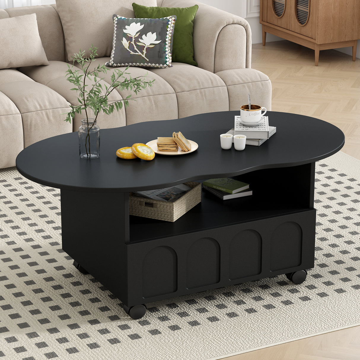 ON-TRANS flexible cream style coffee table with 2 brake wheels, drawers, large storage space,black, 39.37 '' x 23.6 '' - V.I.P Digital Presence