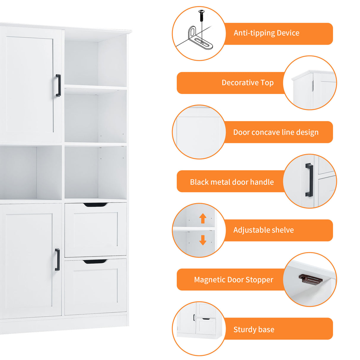 Bathroom storage cabinet with doors and drawers, multiple storage spaces, independent, open adjustable shelves, white - V.I.P Digital Presence