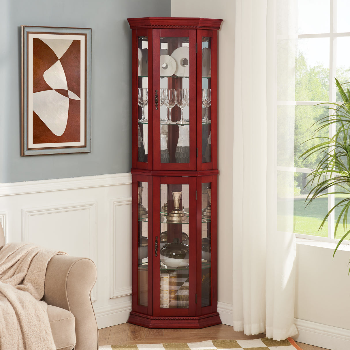 Corner Curio cabinet with illuminated glass display stand and tempered glass door, with adjustable bracket and light bulb - V.I.P Digital Presence