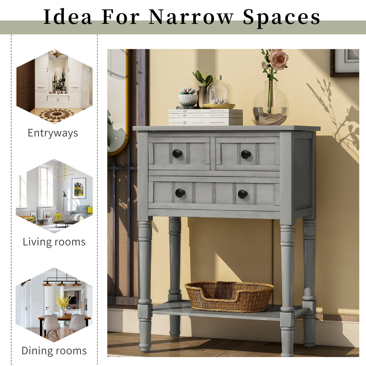 TREXM Narrow Console Desk, Thin Sofa Table with Three Storage Drawers and Living Room Bottom Shelves (Grey Washed) - V.I.P Digital Presence