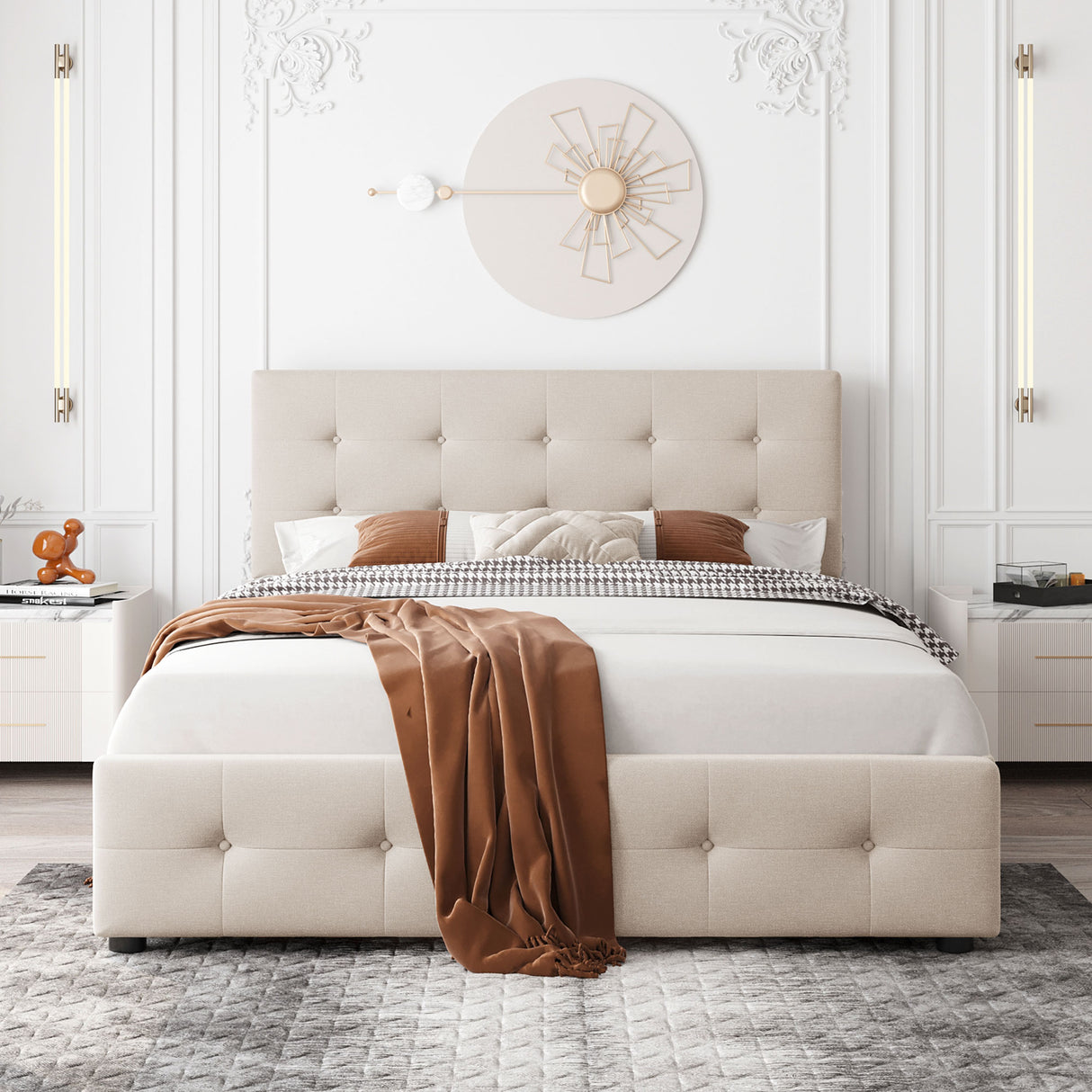 Upholstered Platform Bed with Classic Headboard and 4 Drawers No Box Spring Needed Linen Fabric Queen Size Beige - V.I.P Digital Presence