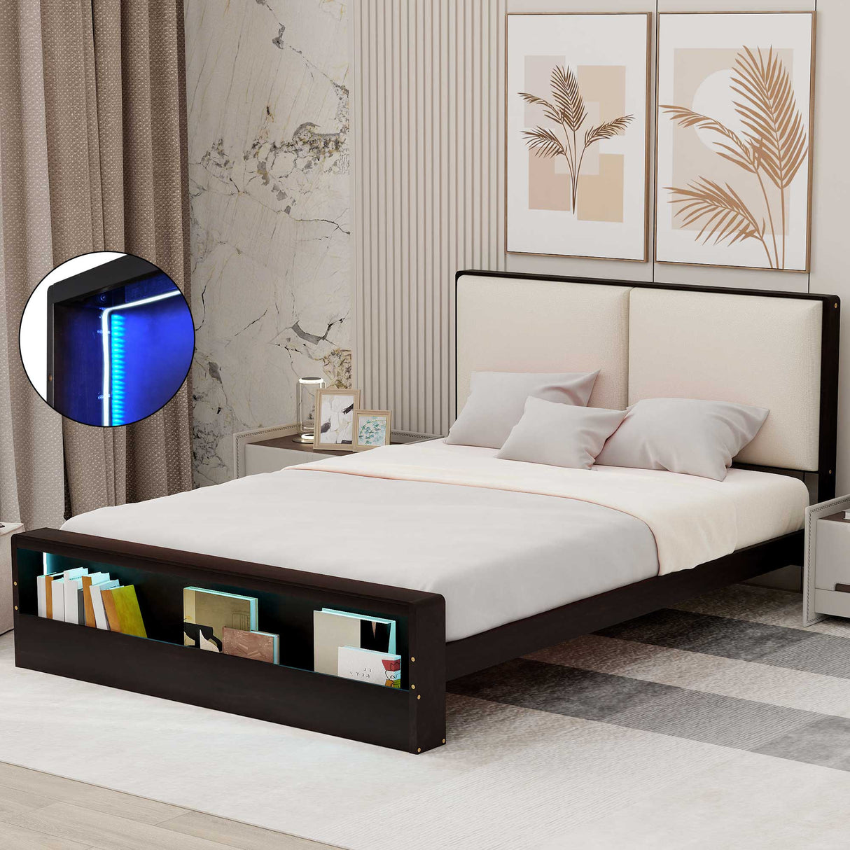 Queen Size Platform Bed Frame with Upholstery Headboard and Bookshelf in Footboard and LED Light Strips, Espresso - V.I.P Digital Presence