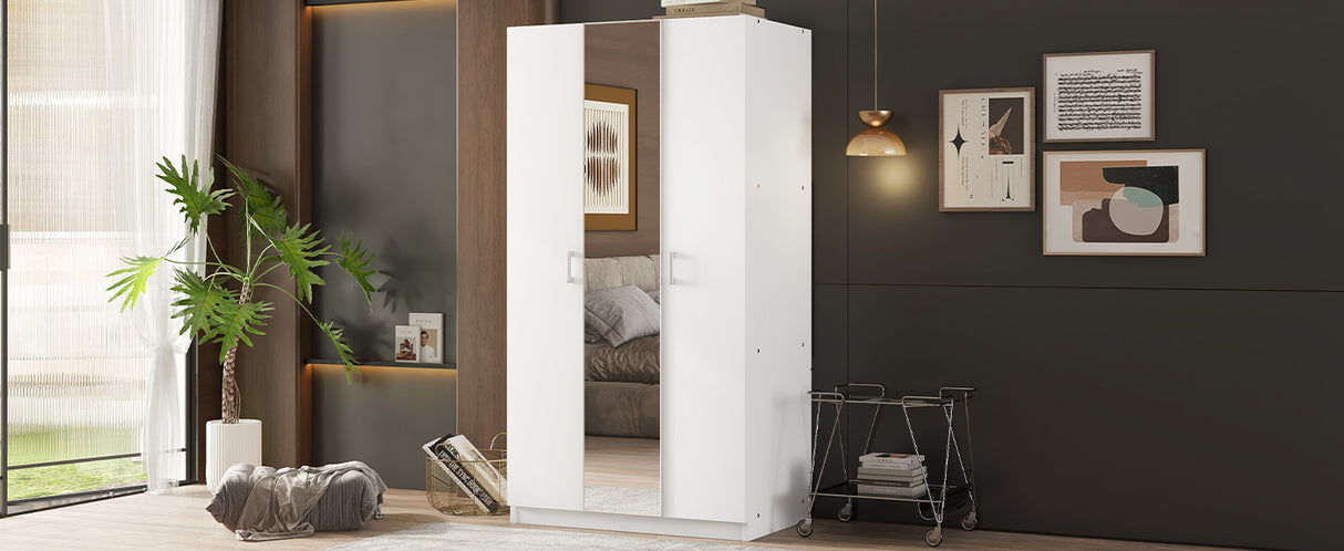 3 Door Wardrobe with Mirror, Armoire with Hanging Rod and 3 Fixed Shelves,White - V.I.P Digital Presence