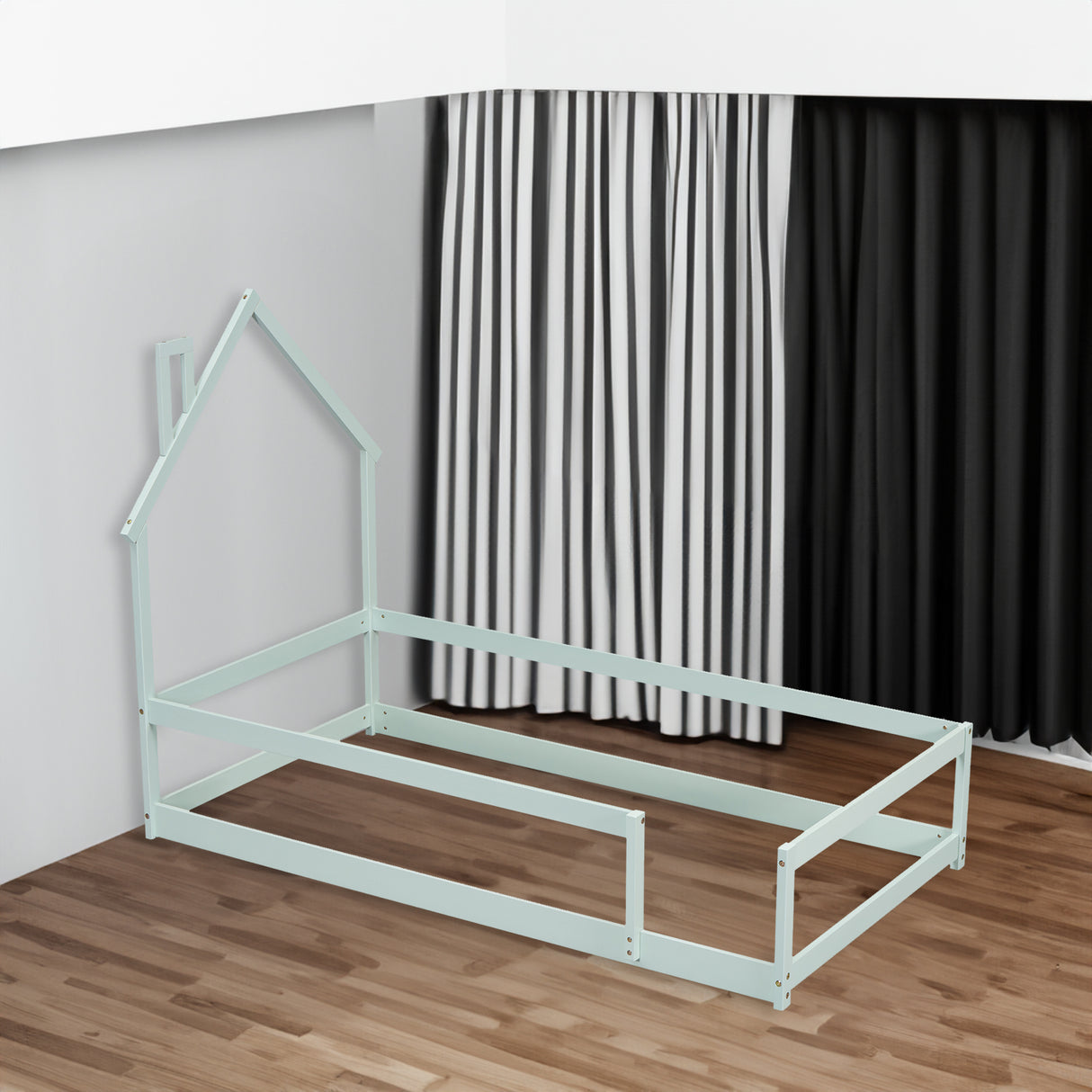 Twin Size Wood bed with House-shaped Headboard Floor bed with Fences,Light Green - V.I.P Digital Presence