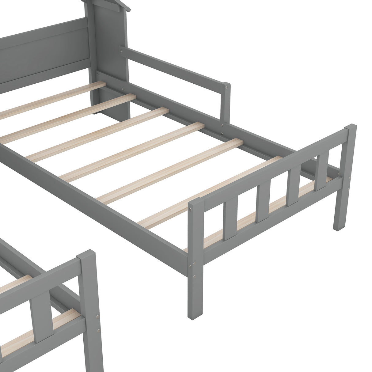 Double Twin Size Platform Bed with House-shaped Headboard and a Built-in Nightstand Grey