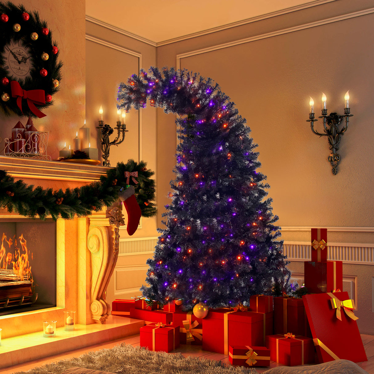 6FT artificial fir curved top Halloween tree, with 1080 lush branch tips and 300 LED lights in a Christmas and Halloween style - V.I.P Digital Presence