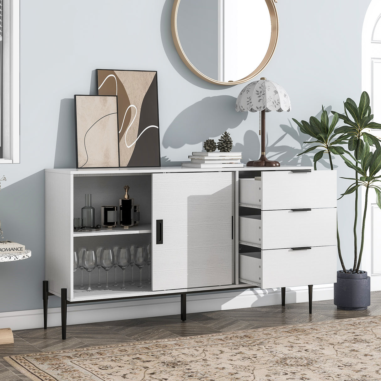 Modern characteristic storage cabinet side panel with glass sliding door and 3 drawers, dining table cabinet in white color - V.I.P Digital Presence