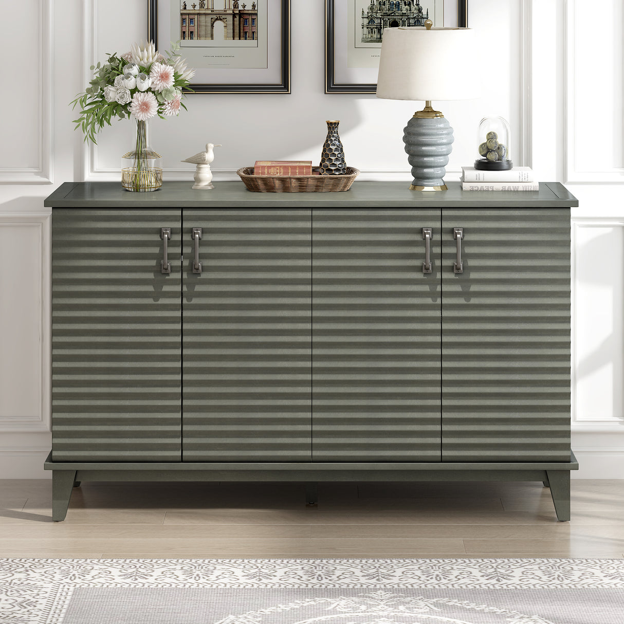 TREXM side panel with 4-door large storage buffet, adjustable shelves and metal handles (antique gray) - V.I.P Digital Presence