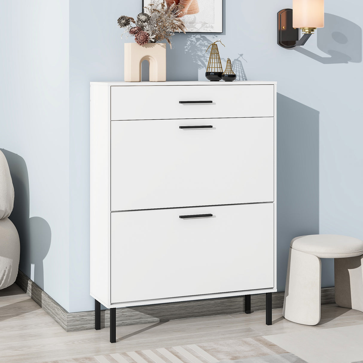 Independent shoe rack storage box with drawers and metal legs, modern shoe cabinet with 2 flippable drawers - V.I.P Digital Presence