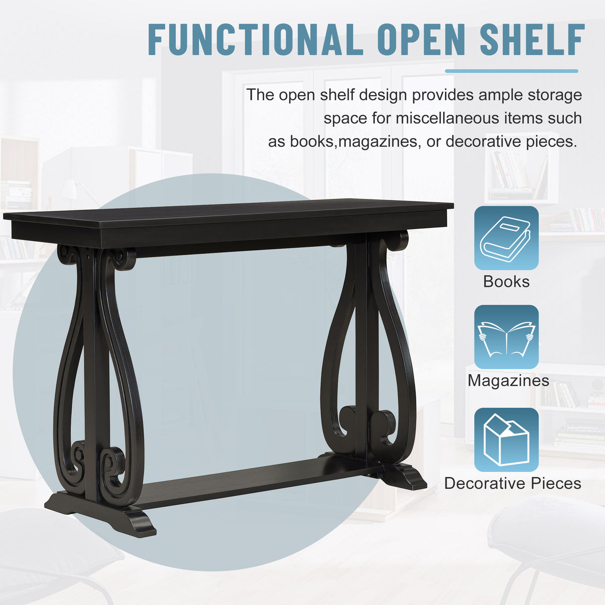 48-Inch Rustic Vintage Console Table --- Farmhouse Style Entryway Table with Open Shelf and Sturdy Construction (Black) - V.I.P Digital Presence