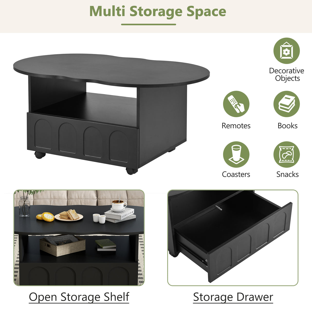 ON-TRANS flexible cream style coffee table with 2 brake wheels, drawers, large storage space,black, 39.37 '' x 23.6 '' - V.I.P Digital Presence