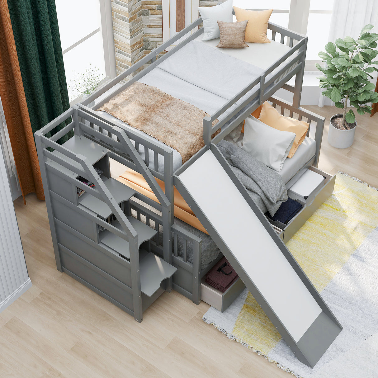 Twin over Full Bunk Bed with Drawers Storage and Slide Multifunction Gray