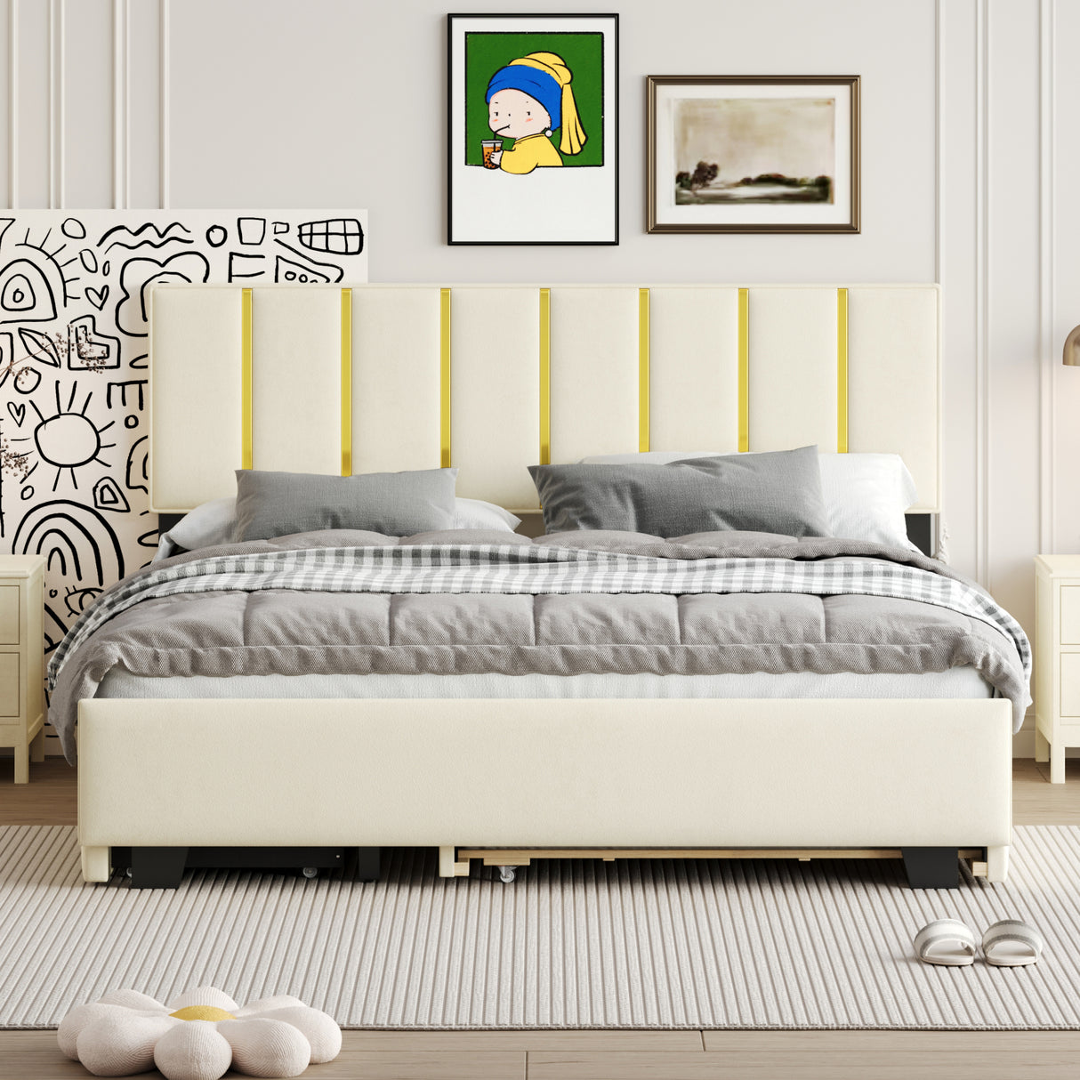 Queen Size Upholstered Platform Bed with 2 Drawers and 1 Trundle, Classic Metal Strip Headboard Design, Beige - V.I.P Digital Presence