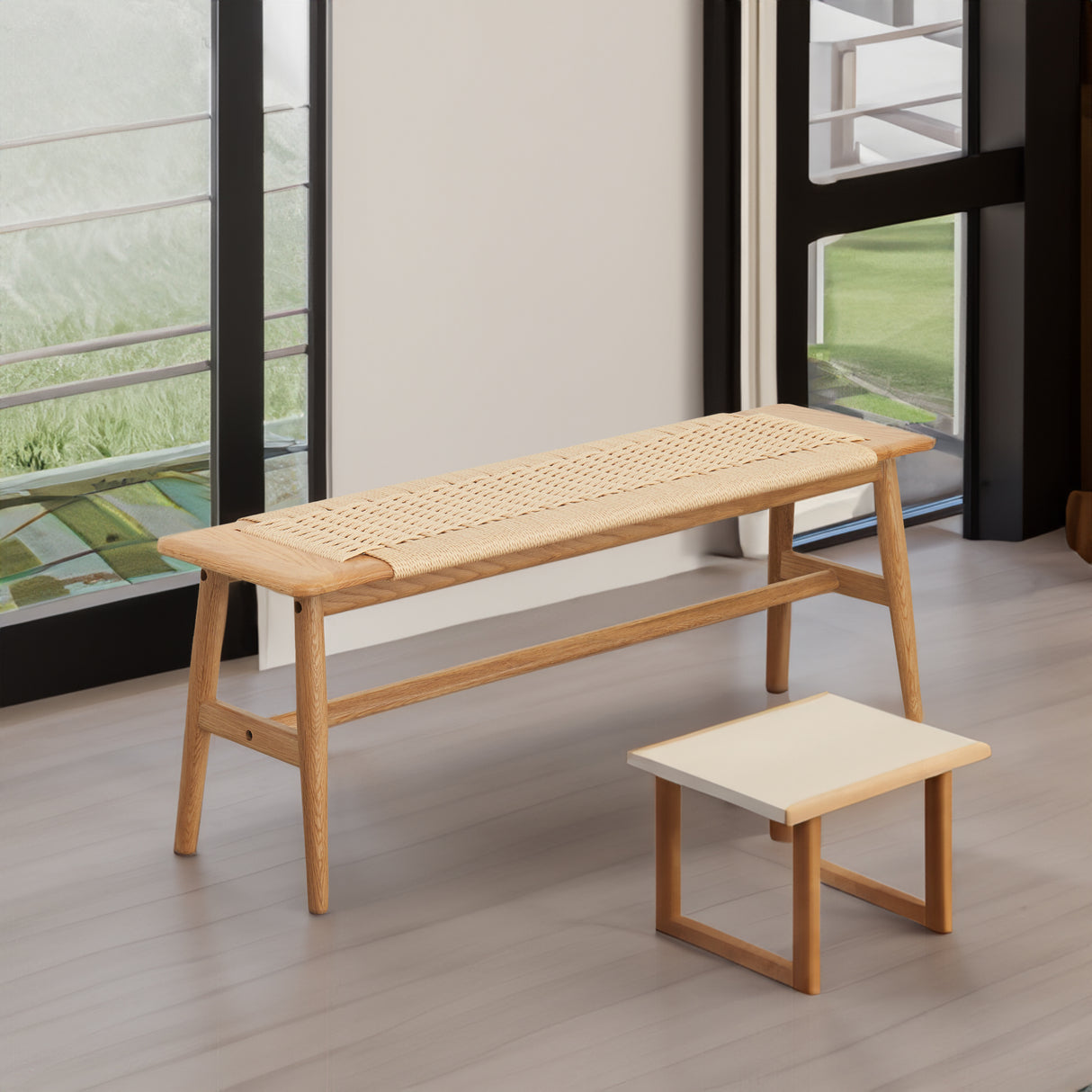 Woven Design Natural Oak Wood Dining Bench Bed Bench for Dining Room, Bedroom, Bathroom - V.I.P Digital Presence