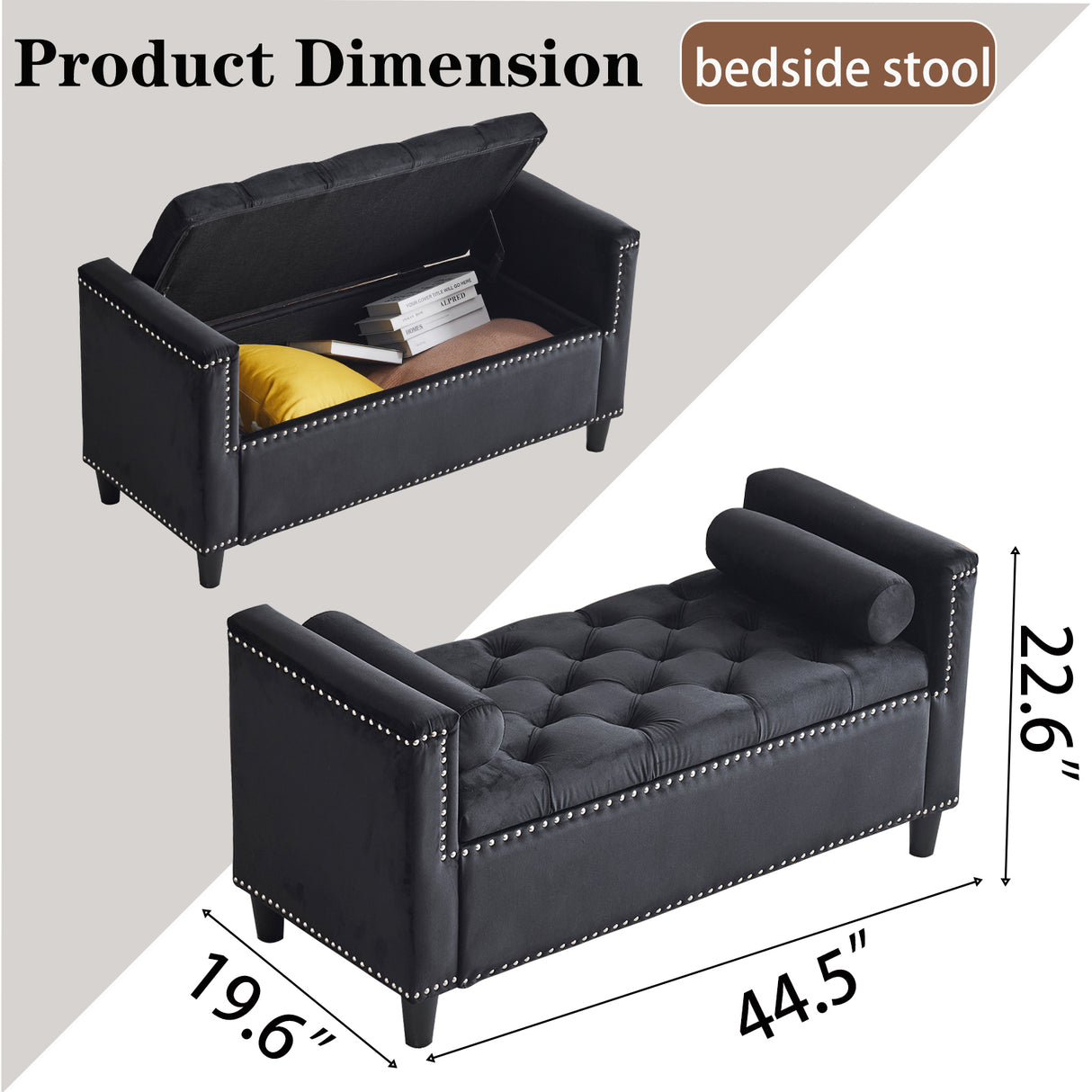 Storage Bench, 44.5-Inch Queen Velvet Button Bedside Bench, Entryway Living Room with Armrests, Nailhead Trim Black - V.I.P Digital Presence