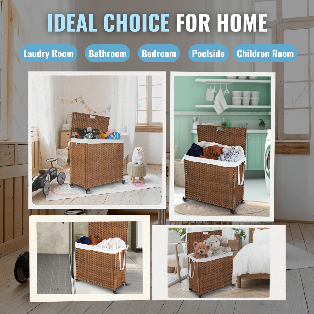 Laundry Hamper With Lid PE Rattan Powder Coating Frame Clothes Hampers with 02 Removable Bags, Wheels, 160L, Brown Color - V.I.P Digital Presence