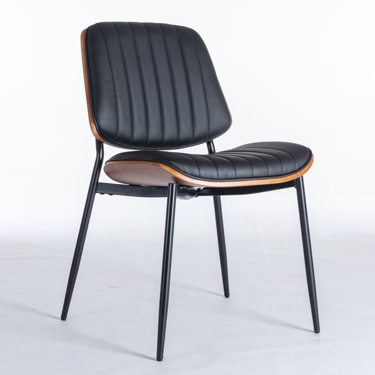 2-piece retro linen chair set with curved wooden backrest, cushioned seat, adjustable metal legs, (Black PU) - V.I.P Digital Presence
