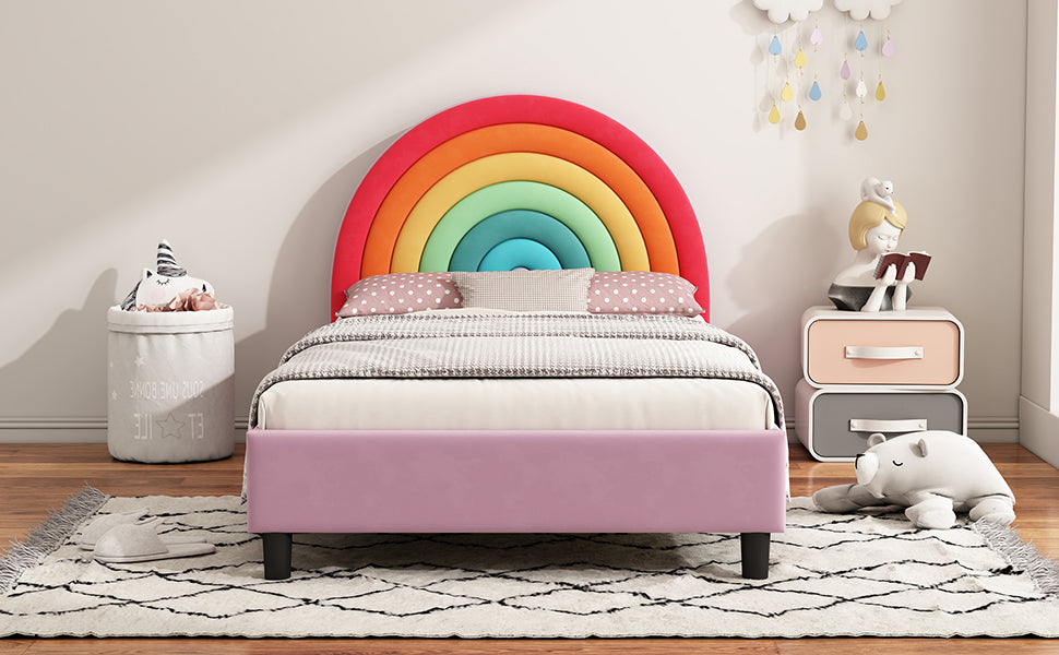 Rainbow Design Upholstered Twin Platform Bed Cute Style Princess Bed for Boys & Girls, Teens, Colorful & Pink - V.I.P Digital Presence