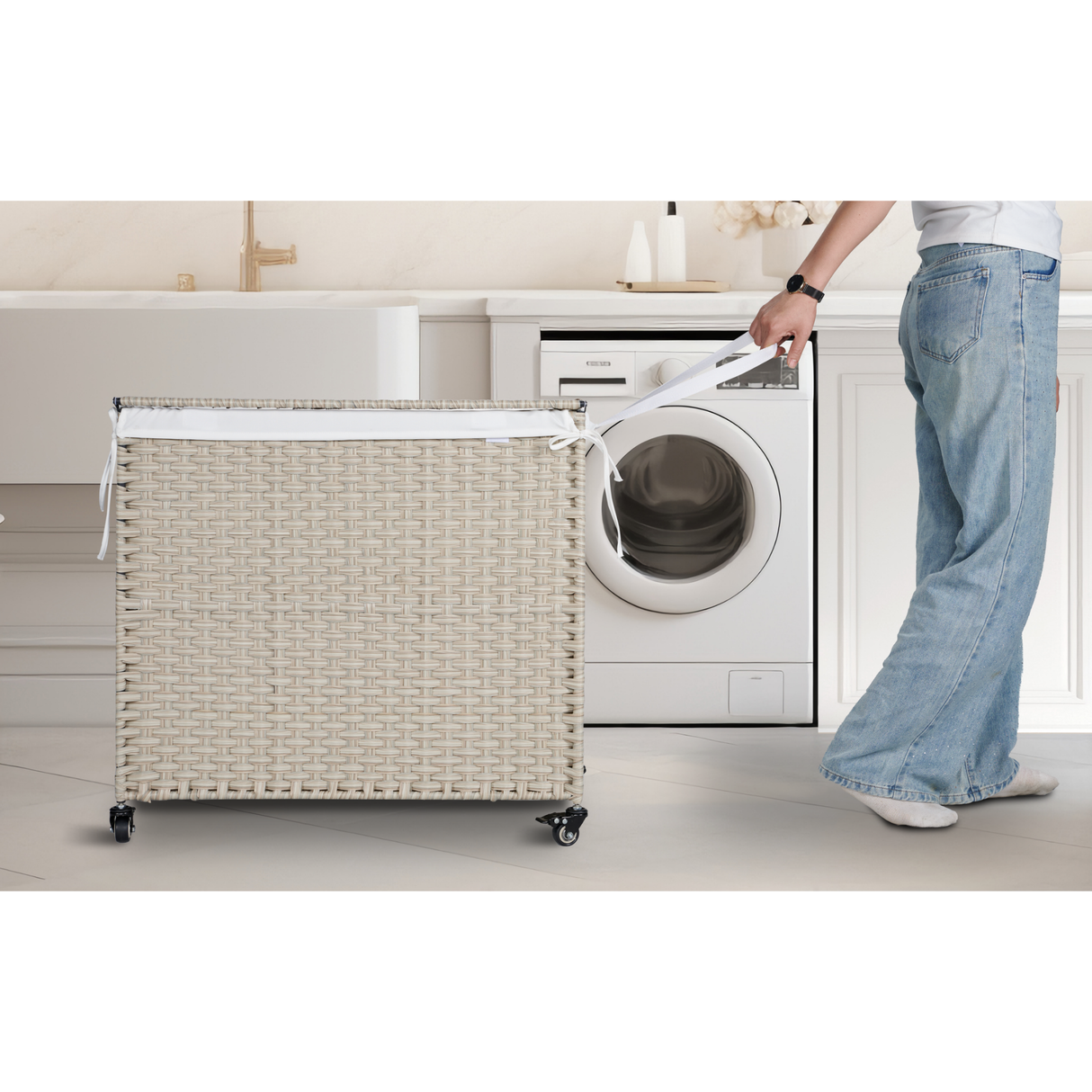 Laundry Hamper With Lid PE Rattan Powder Coating Frame Clothes Hampers with 02 Removable Bags, Wheels, 160L, Grey Color - V.I.P Digital Presence