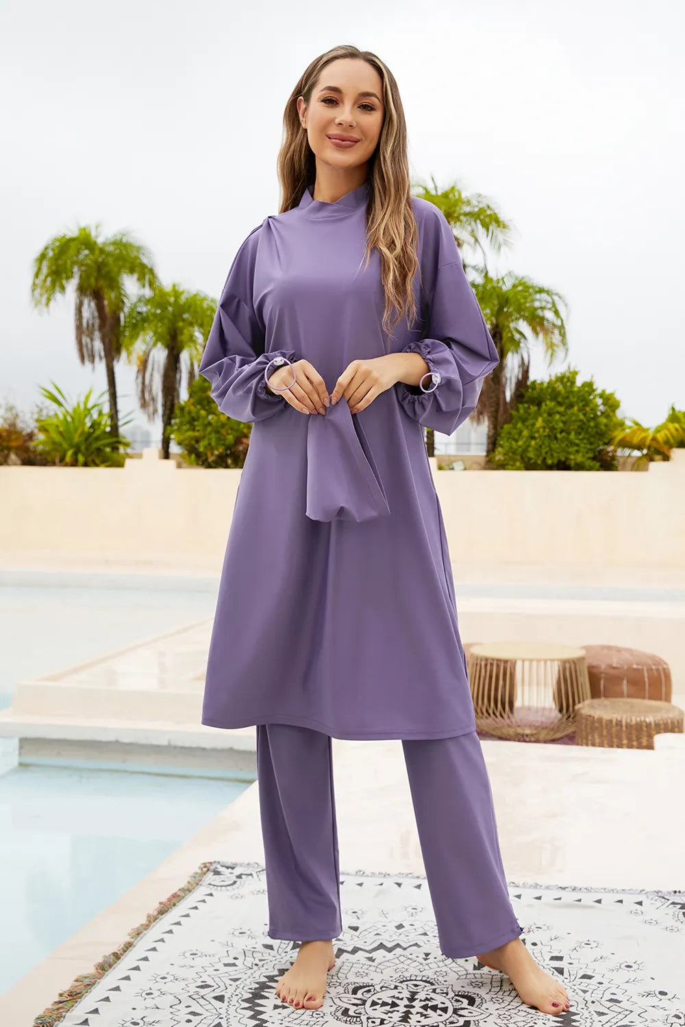 Cap, Drawstring Mock Neck Long Sleeve Top and Pants Swim Set - V.I.P Digital Presence