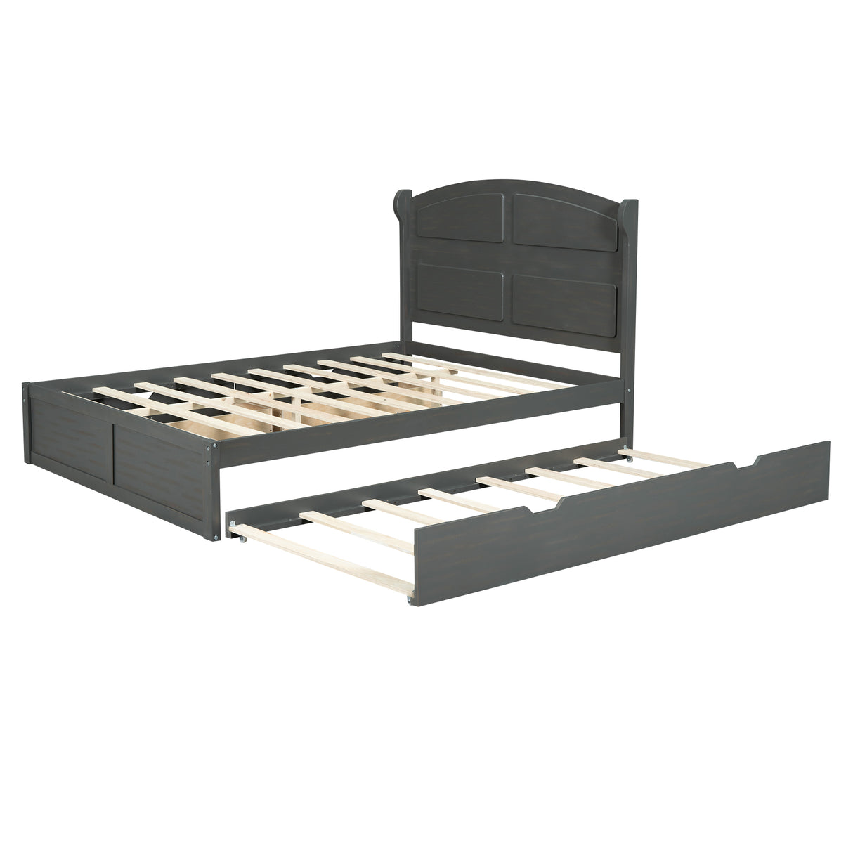 Wood Queen Size Platform Bed with Twin Size Trundle and 2 Drawers Antique Gray