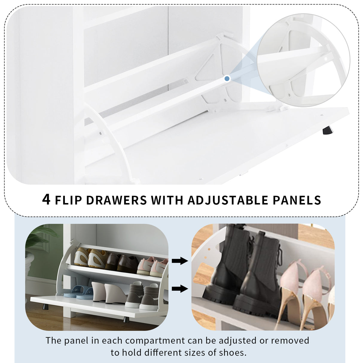 ONTREND ultra-thin shoe cabinet set with 4 flip drawers and adjustable panel top shoe rack, white - V.I.P Digital Presence