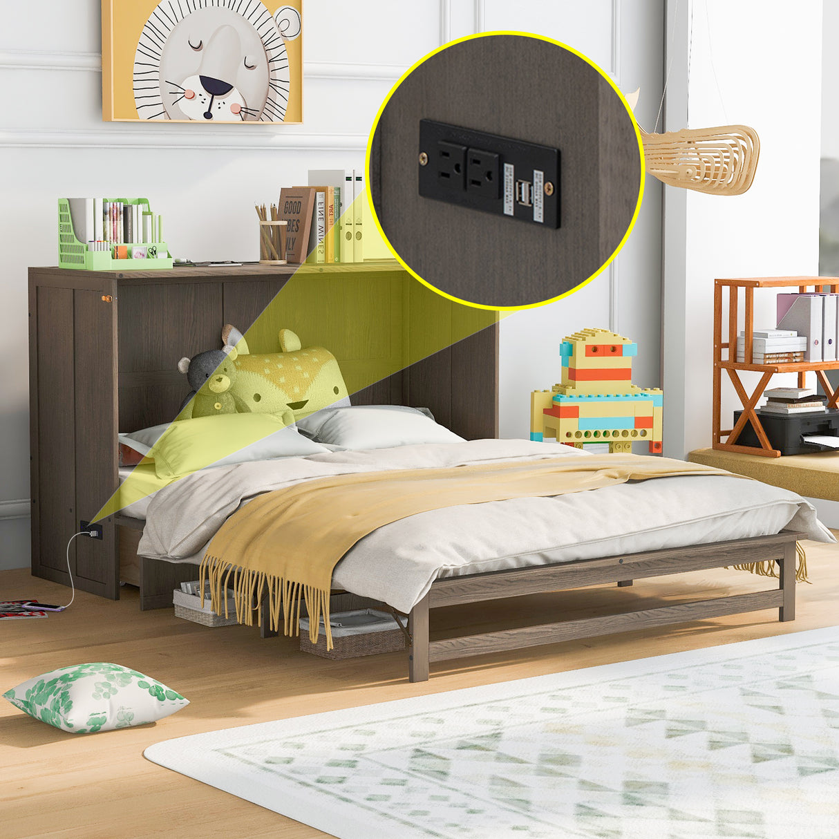 Queen Size Murphy Bed with Built-In Charging Station Antique Grey