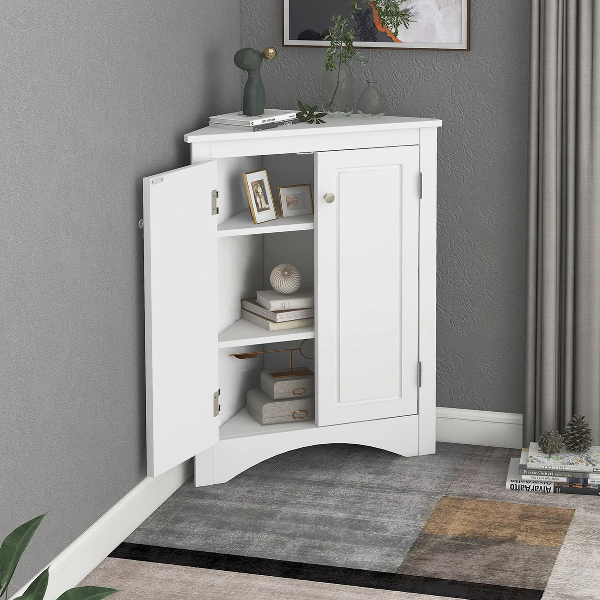 White Triangle Bathroom Storage Cabinet with Adjustable Shelves, Freestanding Floor Cabinet for Home Kitchen - V.I.P Digital Presence