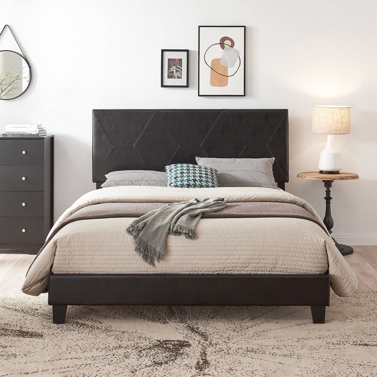 Queen Size Upholstered Platform Bed Frame Wood Slat Support Easy Assembly Black pu - V.I.P Digital Presence