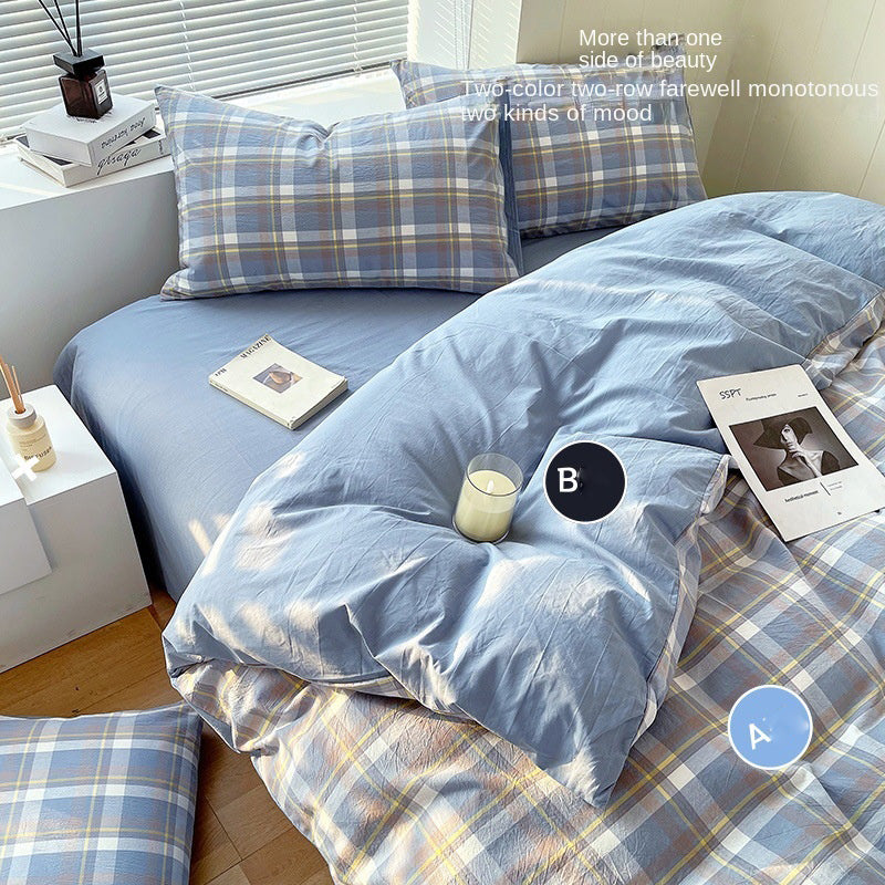 Juego de ropa de cama de algodón lavado teñido de algodón puro de clase A, sábana plana, funda de edredón, sábana ajustable, funda de edredón, juego de tres piezas a rayas