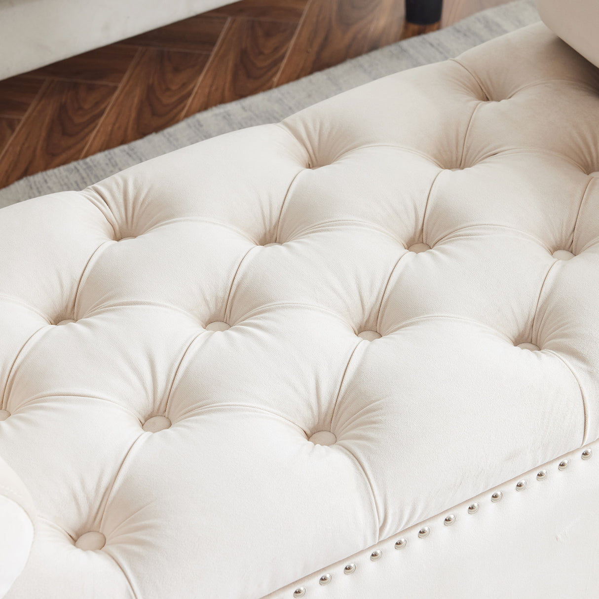 Storage Bench, 44.5-Inch Queen Velvet Button Bedside Bench, Entryway Living Room with Armrests, Nailhead Trim Cream White - V.I.P Digital Presence