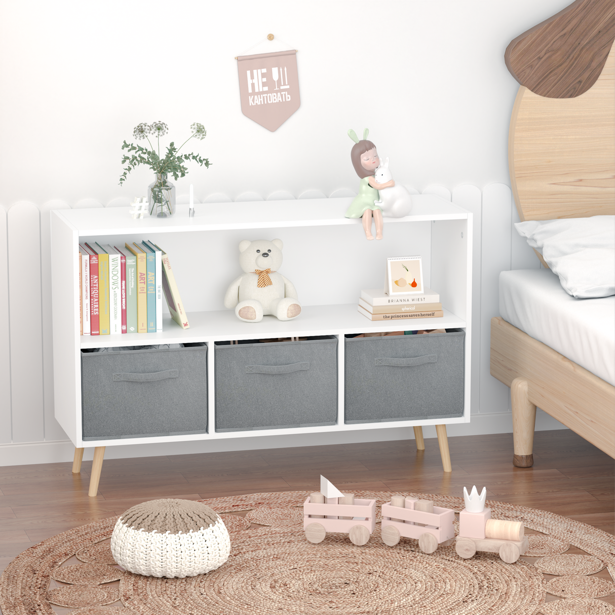Kids bookcase with Collapsible Fabric Drawers Children's Book Display Toy Storage Cabinet Organizer White/Gray - V.I.P Digital Presence