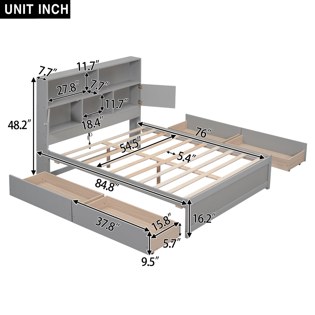 Full Size Platform Bed with Storage Headboard, Charging Station and 4 Drawers, Gray - V.I.P Digital Presence