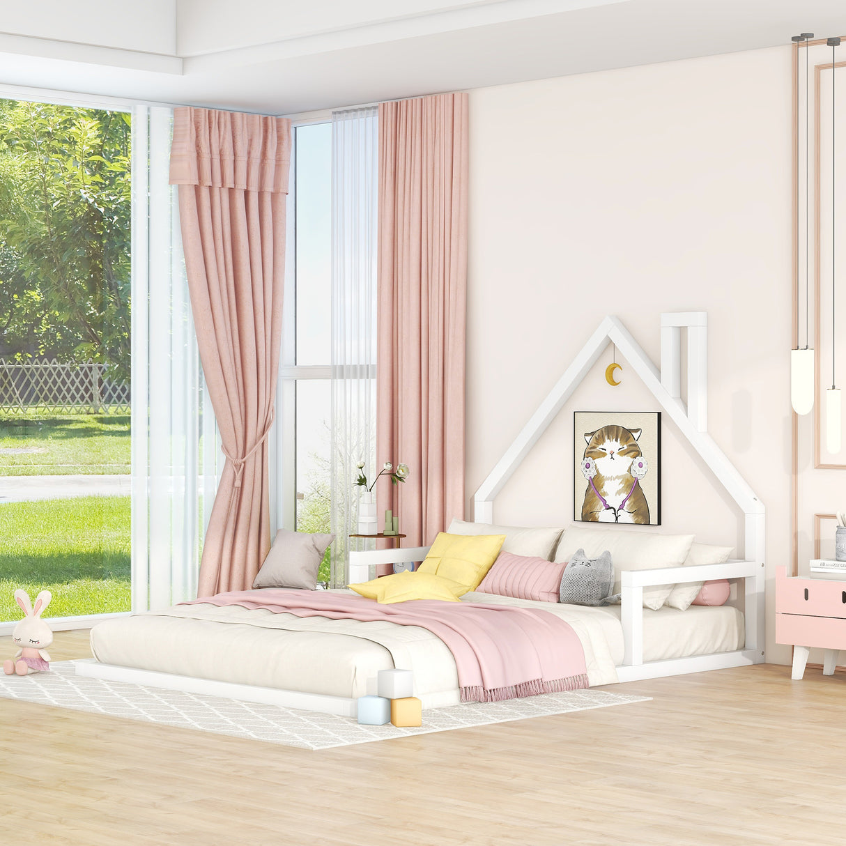 Full Size Wood Floor Bed with House-shaped Headboard White