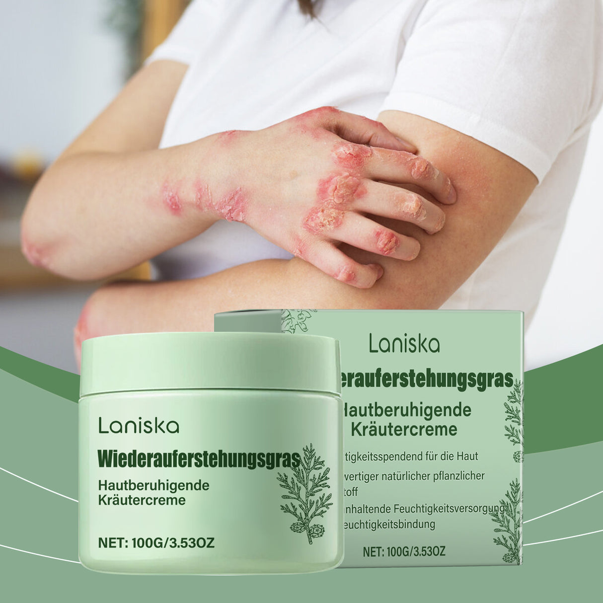 Crema calmante a base de hierbas que alivia y nutre la piel irritada con una crema de tratamiento corporal.