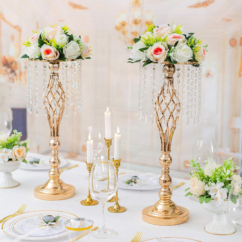 Wrought Iron Metal Flower Stand with Crystal Acrylic Beads Hanging Flower Arrangement, Gold-Plated Decoration for Wedding Tables - V.I.P Digital Presence
