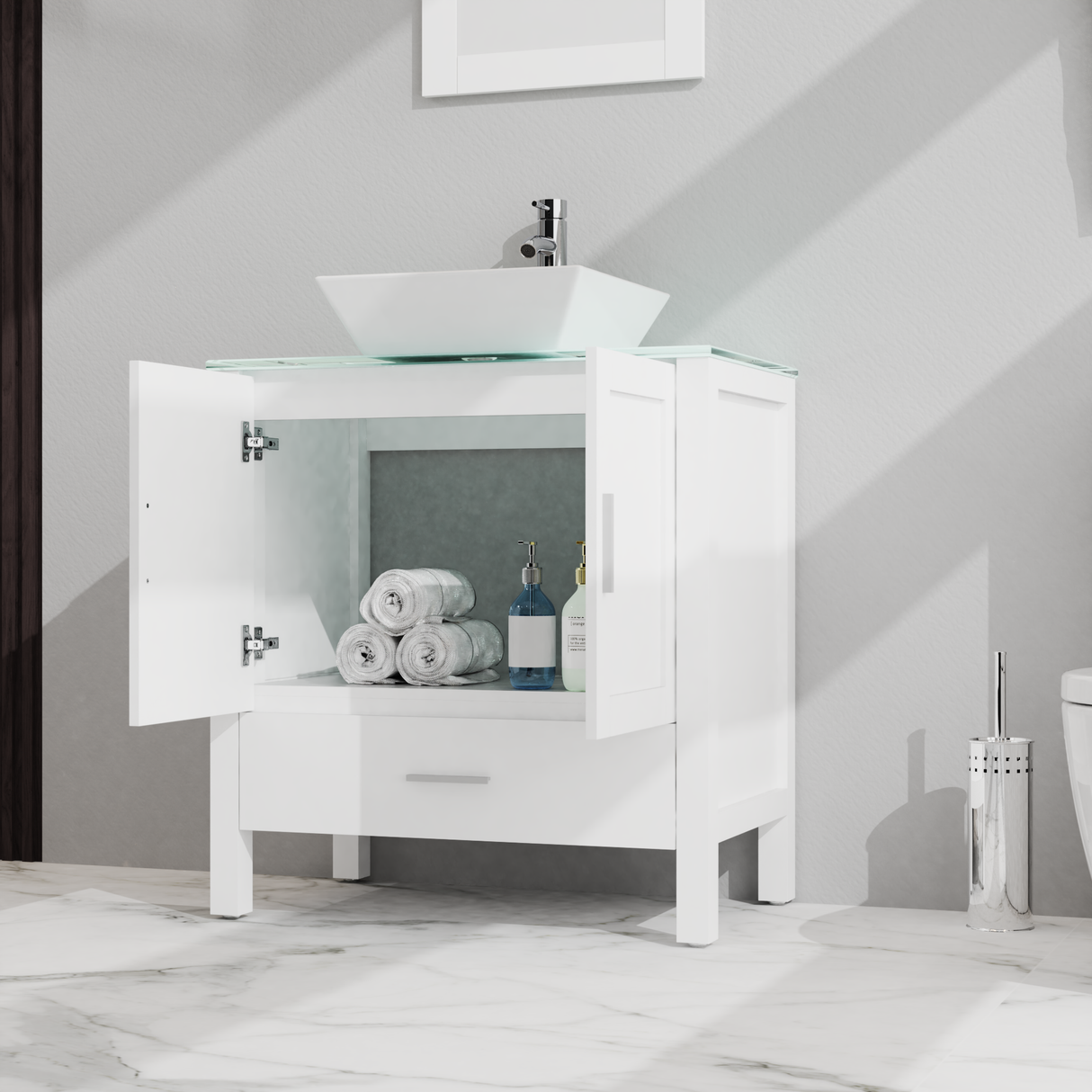 Goodyo 30" Bathroom Vanity and Sink Combo Glass Top Cabinet w/Mirror, White - V.I.P Digital Presence