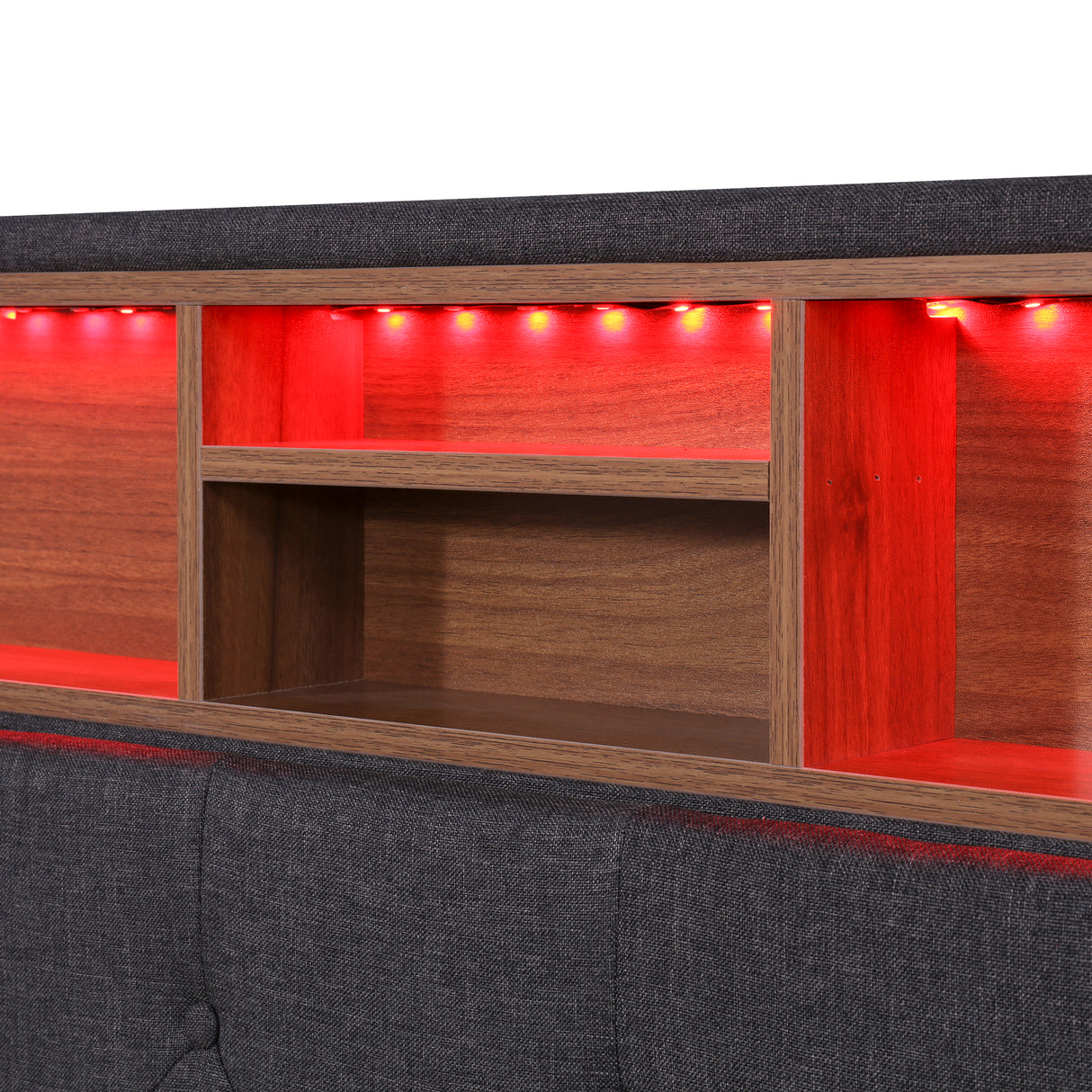 Queen Size Upholstered Platform Bed with Storage Headboard, LED, USB Charging and 2 Drawers Dark Gray