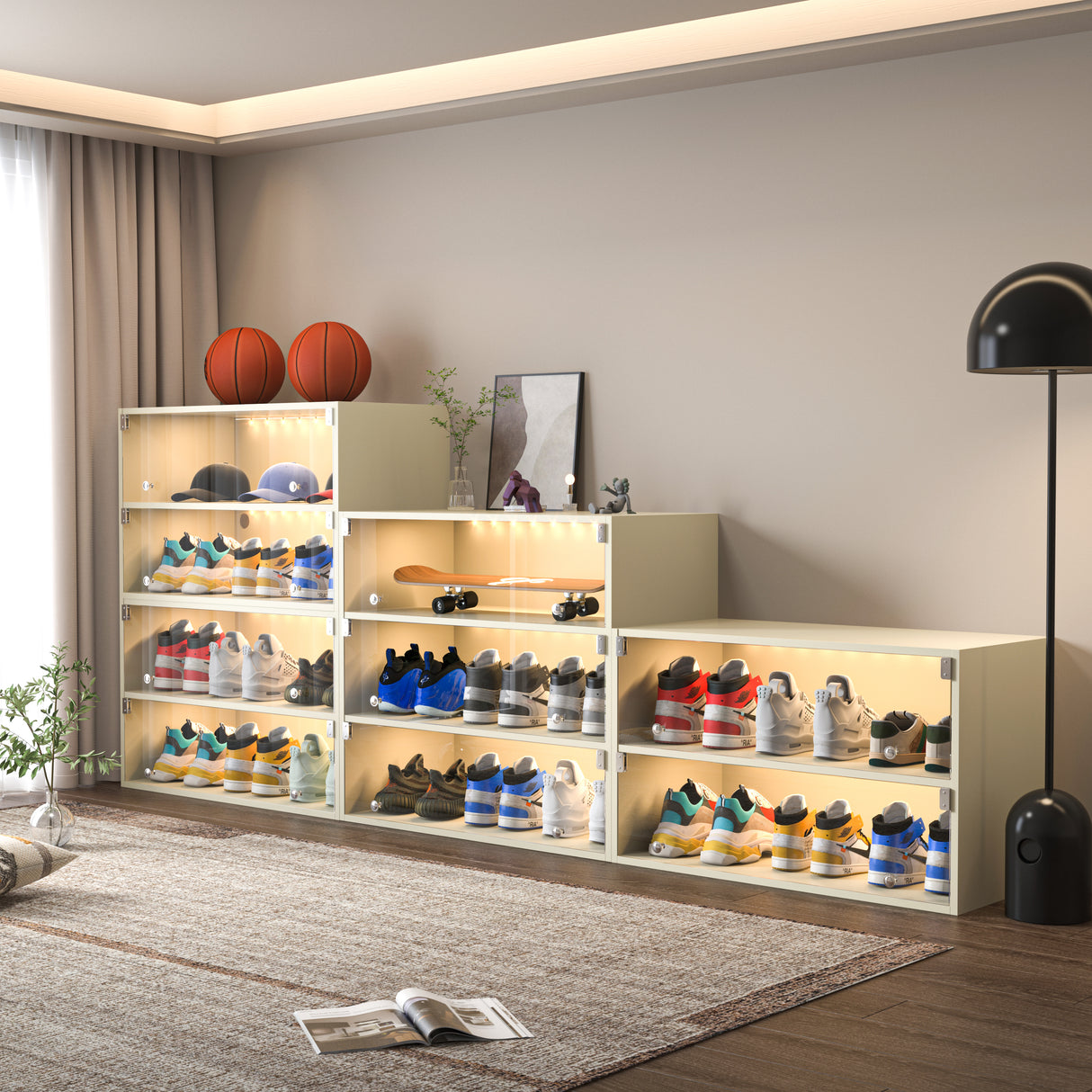 Off white Glass Door Shoe Box Shoe Storage Cabinet For Sneakers With RGB Led Light - V.I.P Digital Presence