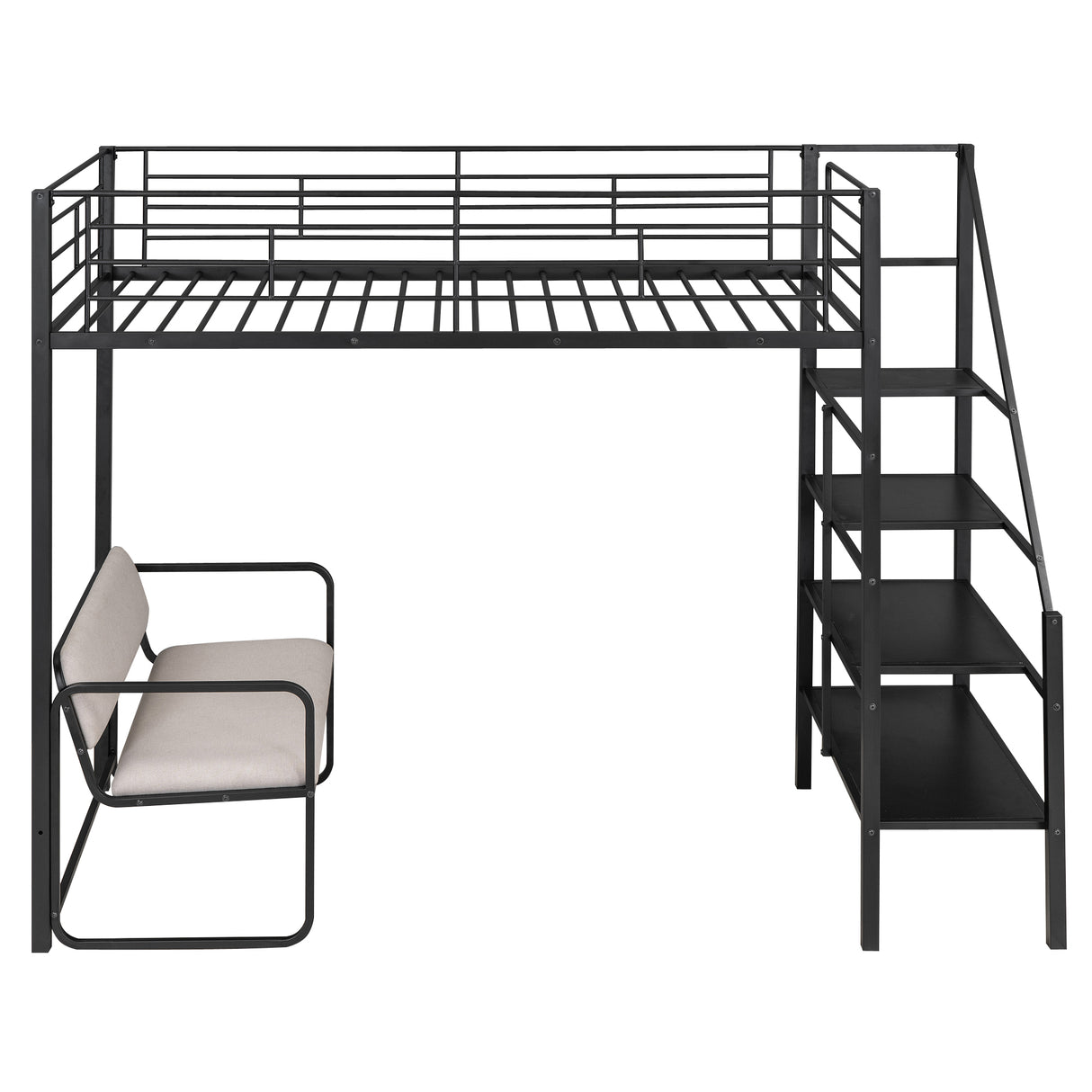 Twin Size Metal Loft Bed with Bench and Storage Staircase Black