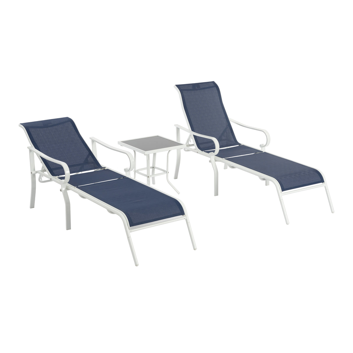 3-piece terrace lounge chair set, outdoor lounge chair with 5 adjustable backrests, sturdy steel frame, white blue - V.I.P Digital Presence